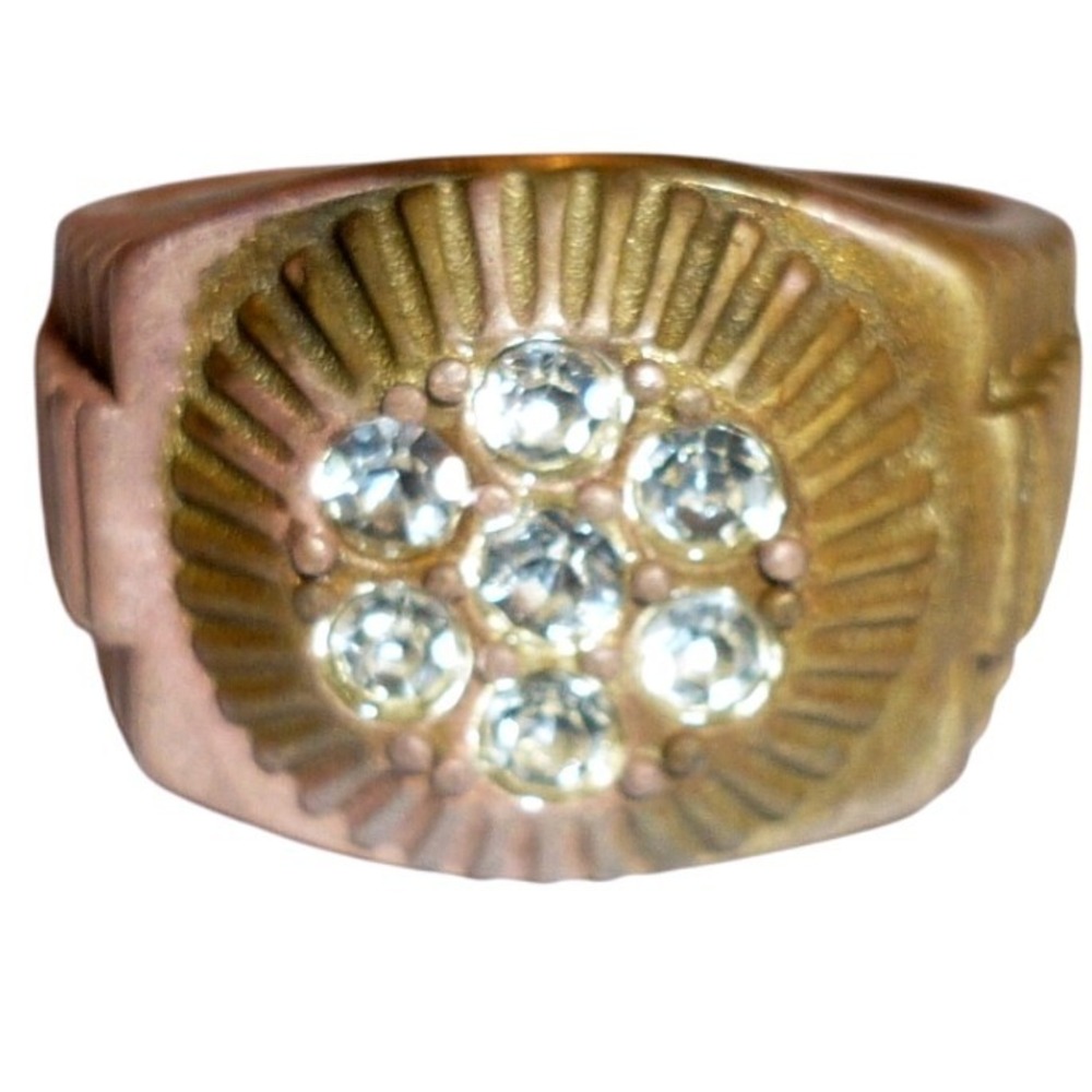 Vintage Mens Sunburst Rhinestone Ring Sz 10.75 Copper Brass Tone Stepped Signet